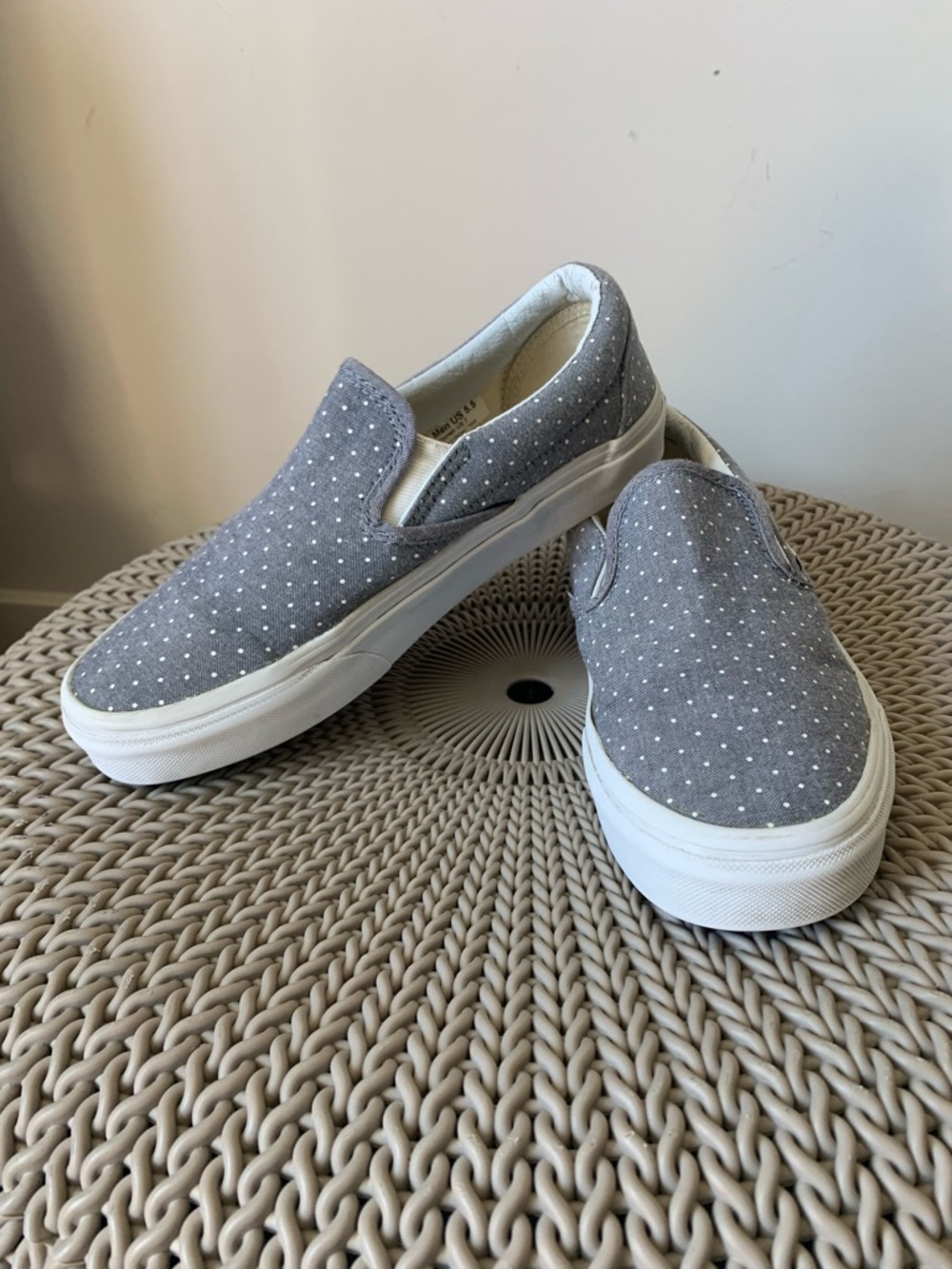 VANS- Unisex . Gray Slip-On Sneakers with White Polka Dots .